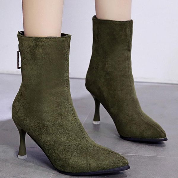 

boots women's vintage thin high heel lady's luxury flock pointed toe black leather boot women botines mujer cuero#1021g25