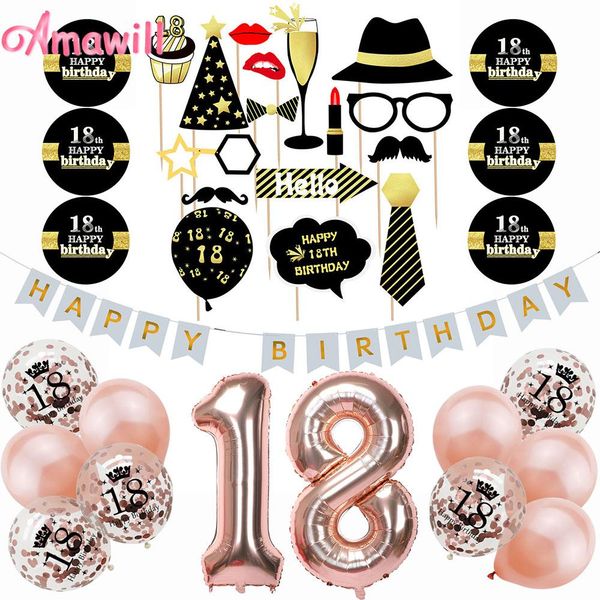 

amawill с днем рождения баннер rose gold 32inch количество шаров восемнадцатый день рождения украшения для взрослых 18 лет день рождения: 8d