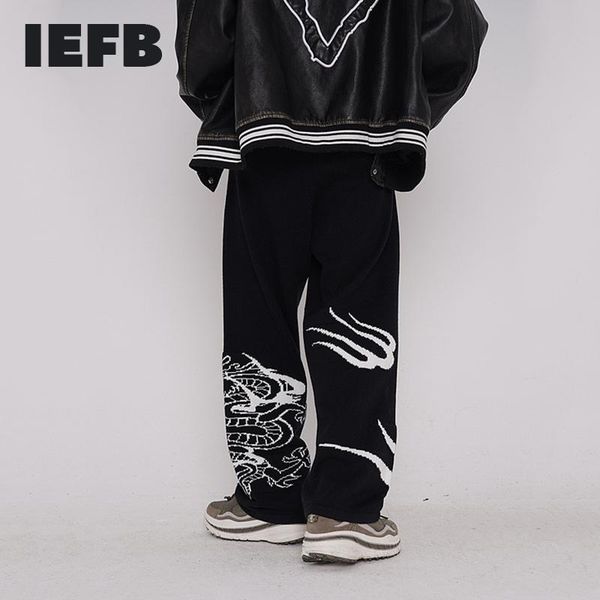 

men's pants iefb high street embroidery jacquard knitted casual drawstring straight wide leg autumn winter trousers 9y4478, Black