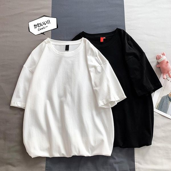 

new solid color short-sleeved t-shirt men's simple hong kong style loose all-match lovers casual student bottoming shirt fashion1, White;black