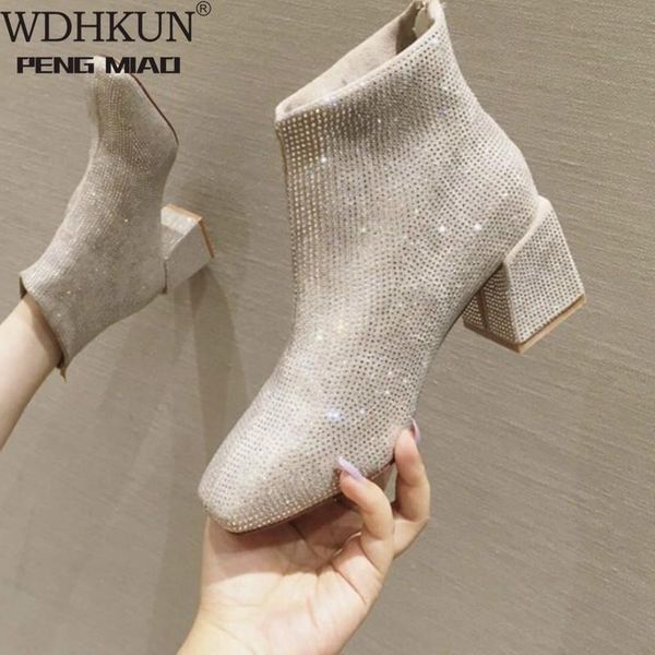 

2020 new winter women shoes woman boots square high heels crystal ankle boots woman shoes booties women drop shipping, Black