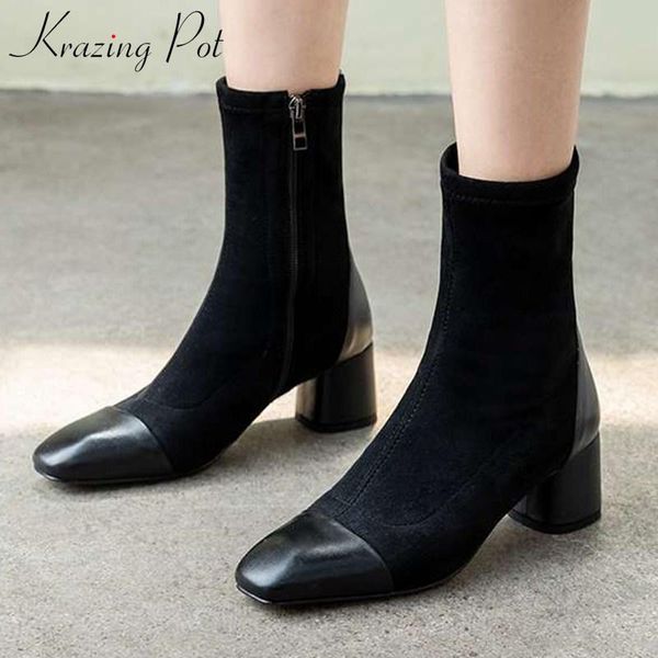 

krazing pot new patchwork cow leather flock boots square toe high heels soft winter keep warm side zip women mid-calf boots l19, Black