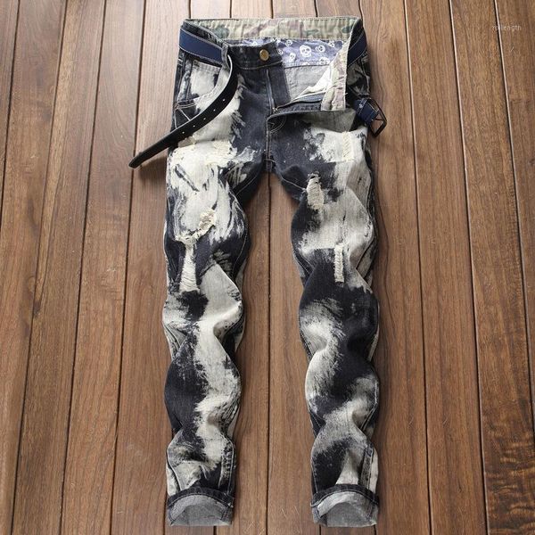

new men's denim jeans men's pants moto jeans slim fit straight denim pants distressed trousers1, Blue