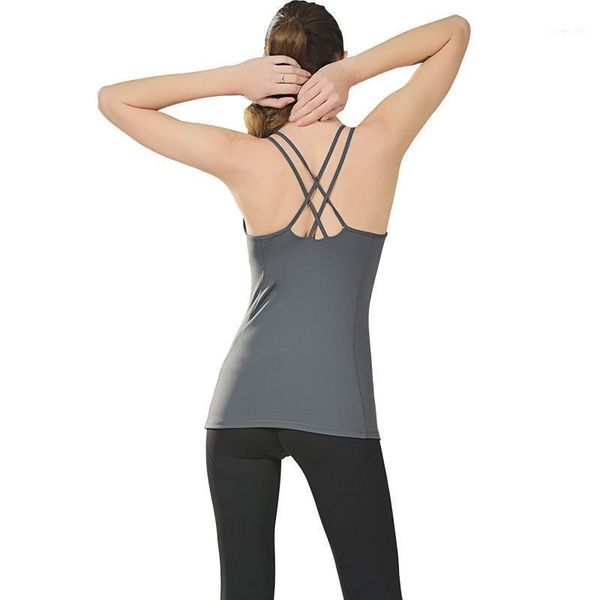 Yoga roupas sexy mulheres camisa de esporte cruz de volta colheita sólida treino top fitness apertado tops respirável acolchoado copo removível sutiã