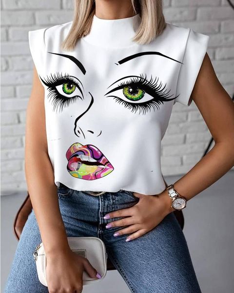 

new womens summer t-shirt stand collar lips printed tees sleeveless ladies acetate size s-2xl, White