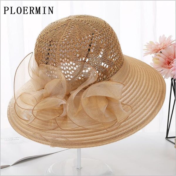 Elegante stricken hohle atmungsaktive Mesh-Garn breite Krempe Hut weiblichen Sommer große Blume Sonne Sonnenschirm Strand Hut Urlaub Strand Hut Y200714