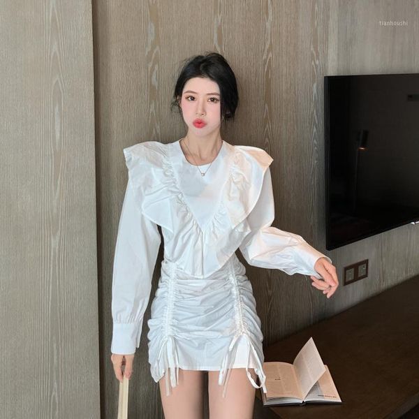 

long sleeve drawstring slim white dress autumn femininity retro waist small short dress fashion1, Black;gray