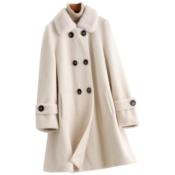 

real wool blend fur coat autumn winter women fur outerwear overcoat lf2157, Black