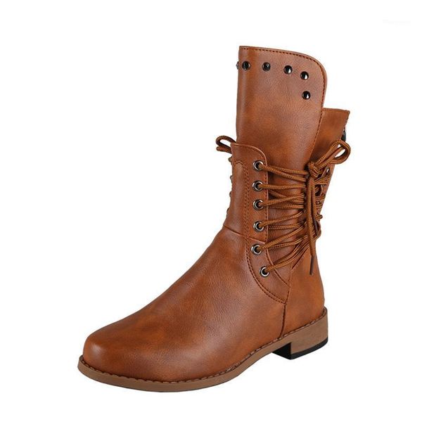 

autumn women shoes retro female pu leather rivet block lace up motorcycle boots low heel mid calf boots plus size fashion1, Black
