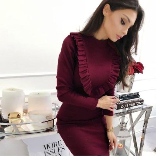 

women vintage ruffled sheath party mini dress long sleeve o neck solid elegant casual dress 2021 winter new fashion women dress, Black;gray
