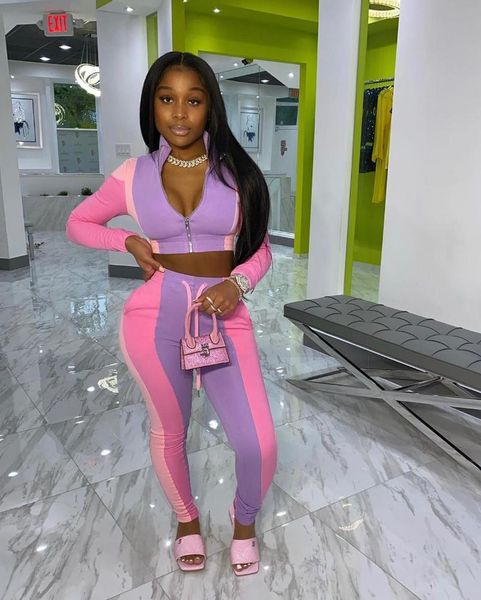 

women's tracksuits echoine stand collar zipper jacket coat pants two piece set women bodycon skinny crop and color patchwork, Gray
