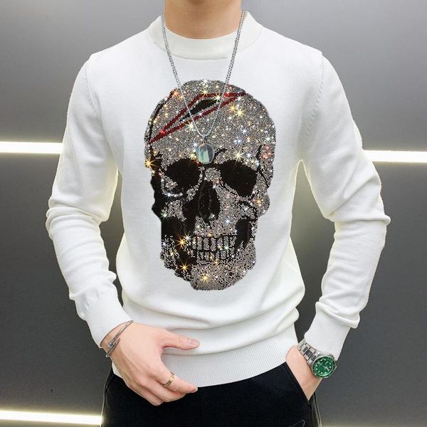 

men's trend skull drilling men's long-sleeved t-shirt autumn clothing social people clothing autumn tide in, White;black