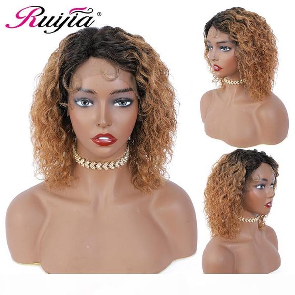 

ruijia brazilian hair water wave t part lace wigs natural black ombre colored non-remy human hair wigs for women 150% density, Black;brown