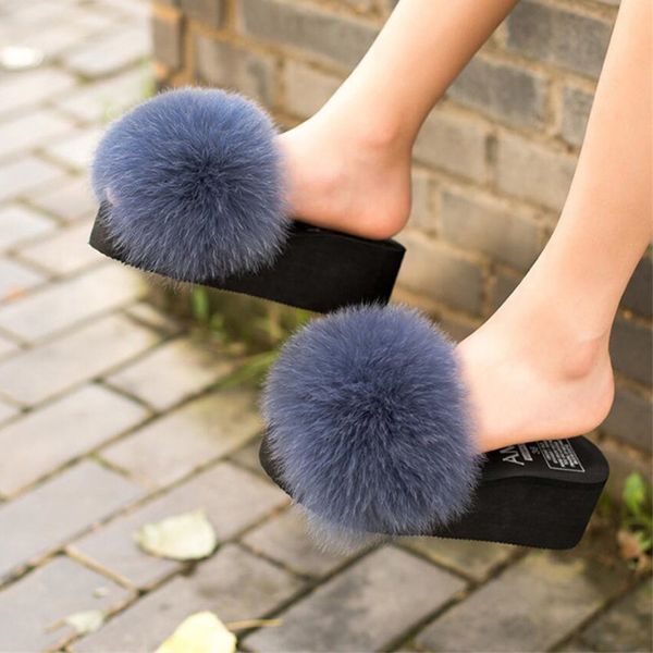 

fashion summer wedge fur slippers women fluffy real fox fur slides plush platform slipper casual soft slippers female high heels x1020, Black