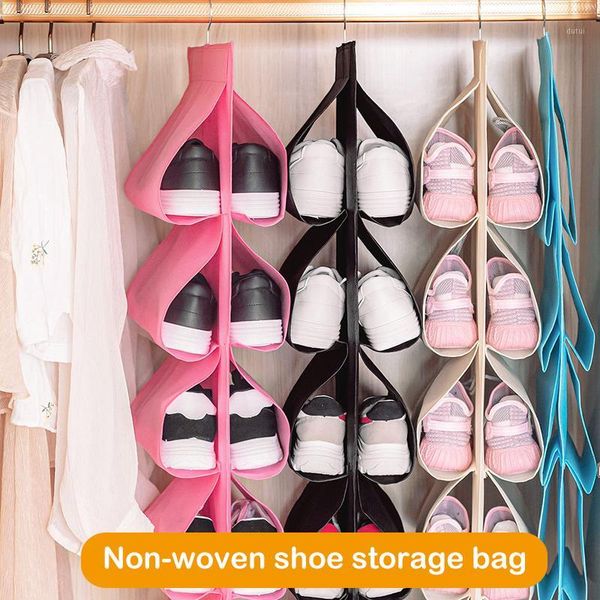 

shoes storage hanging bag dustproof organizer rotatable for closet household bedroom -opk1, White;pink