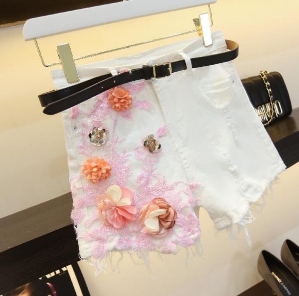 

women's korean fashion summer flower embroidery white shorts female tassel wide leg jeans plus size jean short pants tb4871, White;black