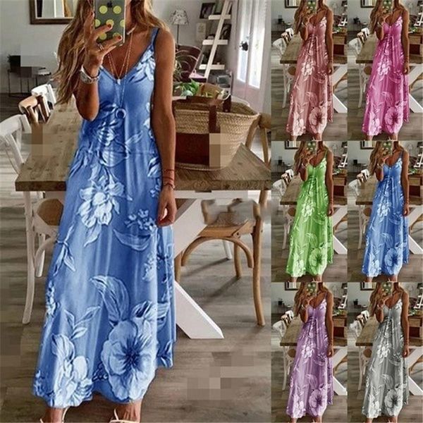

women boho spaghetti strap floral dress summer dress vintage flower print sleeveless long maxi dress beach holiday sundress 2021, Black;gray