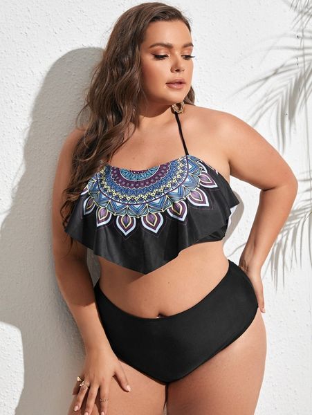 

plus mandala print hanky hem halter bikini swimsuit b0tl#, Black