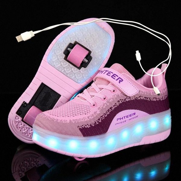

blue pink black usb charging fashion girls boys led light roller skate shoes for children kids sneakers with wheels two wheels #mx66