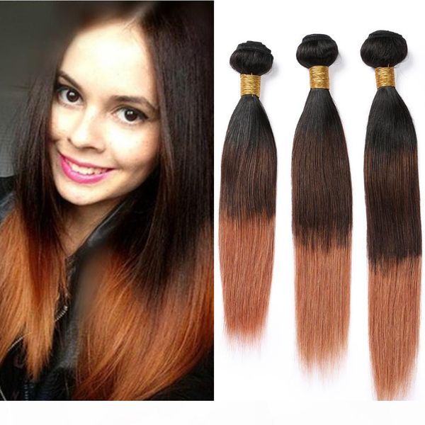 

#1b 4 30 ombre human hair bundles three tone brazilian virgin hair weaves straight black brown to medium auburn ombre double wefts
