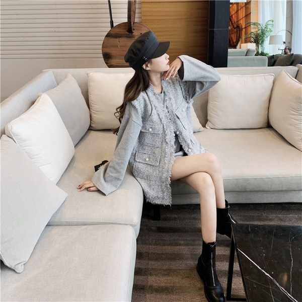 

autumn women vest t-shirt vest2020 new loose fashion casual tweed vest women crew neck long sleeve t-shirt two sets ep2mj, White