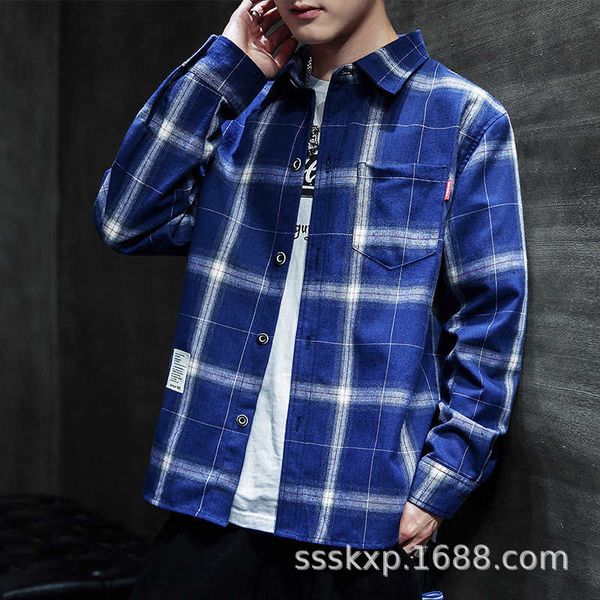 

spring and autumn plaid men's long sleeve casual trend tooling cardigan student shirt korean version, White;black