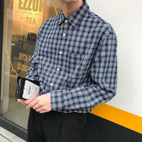 

autumn new plaid shirt men fashion casual loose social long-sleeved shirt man streetwear temperament large size male clothes1, White;black