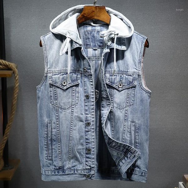 

men vest denim sleeveless jacket detachable hood mens waistcoat multi pocket 1, Black;white