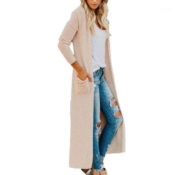 

women pocketed long sleeve solid color knitwear duster cardigan coat1, Black;white
