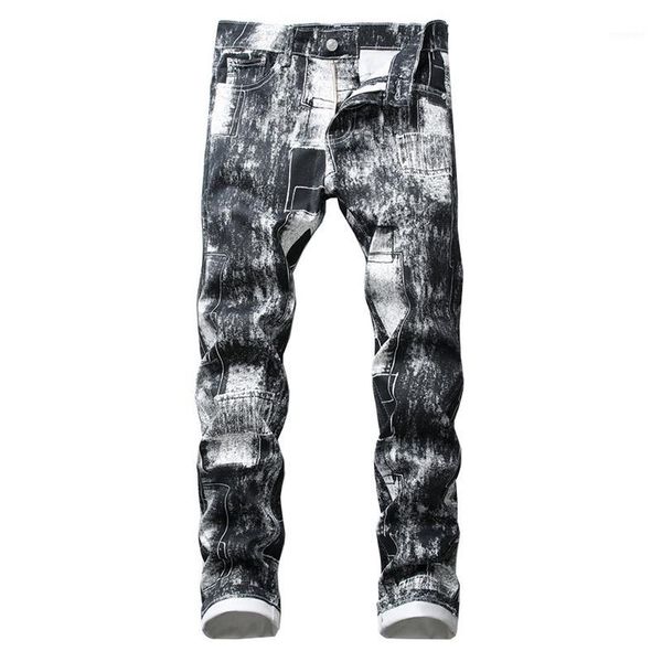

men's slim fit black printed white jeans fashion smoky gray stretch pants1, Blue