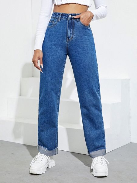 

high waist slant pocket raw cut jeans l5k8#, Blue