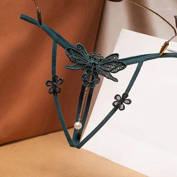 

women erotic lingerie g-string embroidery dragonfly floral underwear panties tassel faux pearl pendant brief1, Black;pink