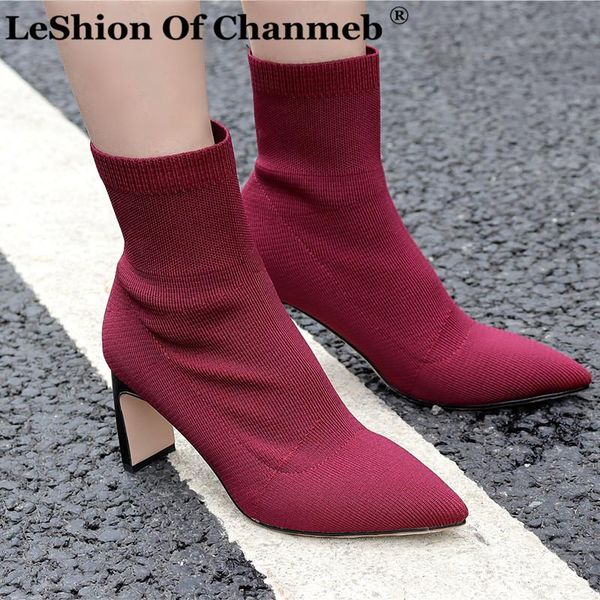 

boots leshion of chanmeb chic high heels stretch women knitted sock shoes autumn winter lady dress brand size 34-43, Black