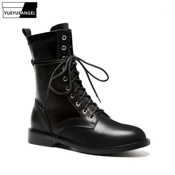 

boots winter fleece lining women lace up strechy leather ankle high flats shoes british moto biker genuine shoes1, Black