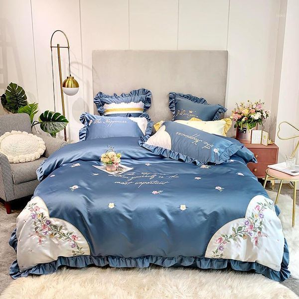 

sky blue bedding set washed silk bed bedding ruffle bed set sheet  king size noble linen duvet cover pillowcase1