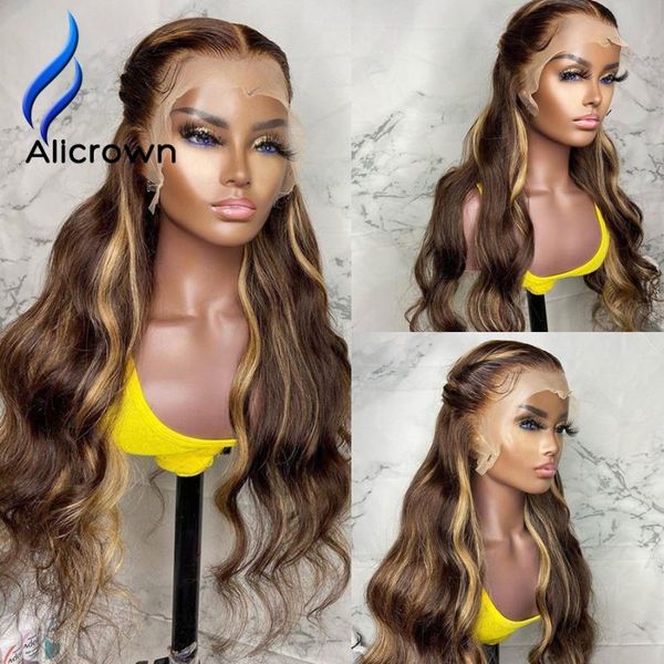 

lace wigs alicrown highlight t-part human hair for women brazilian non-remy pre-plucked bleached knots middle part, Black;brown