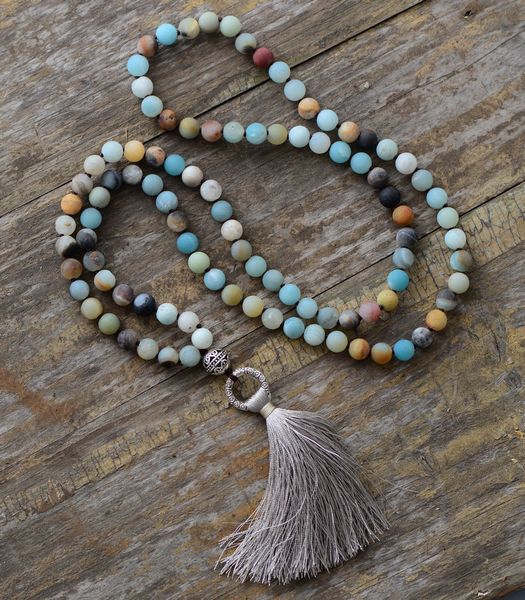 

vintage necklace unique 8mm matte amazonite tibetan charm cute tassel necklace women beaded designer necklaces dropshipping y19050901, Silver