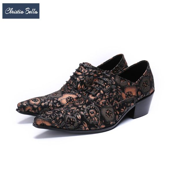 

christia bella fashion height increasing men oxford shoes floral real leather men brogue shoes wedding prom dress lace up, Black