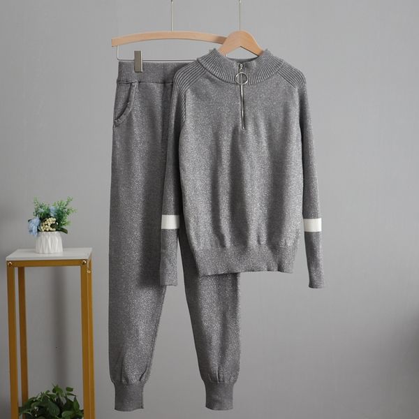 

2021 new bling and set chic 2pcs track suits zipper women pullover sweater autumn winter elastic jumper pd68, White;black