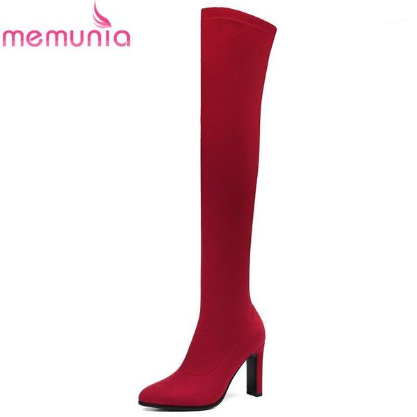 

memunia europe women's over the knee boots high heels fashion stretch flock winter boots black red ladies thigh high1