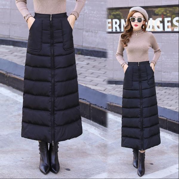 

brand woman skirt 2020 new autumn winter down skirts womens plus size clothes korean style tall waist windbreak clothing, Black