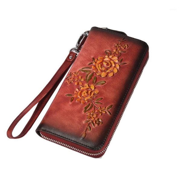 

wallets vintage floral embossed women's zipper wallet leather wristlet handbag card clutch holder phone pouch purse1, Red;black