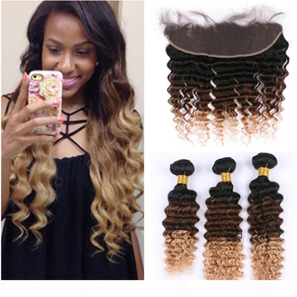 

1b 4 27 honey blonde ombre brazilian human hair weaves with frontal deep wave 3tone ombre virgin hair 3bundles with 13x4 lace frontal, Black;brown