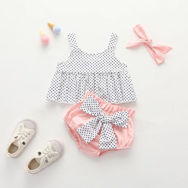 

infant girl clothes 2020 new 3pcs baby summer polka dots suit sleeveless vest +pink shorts + bow hairband set1, White