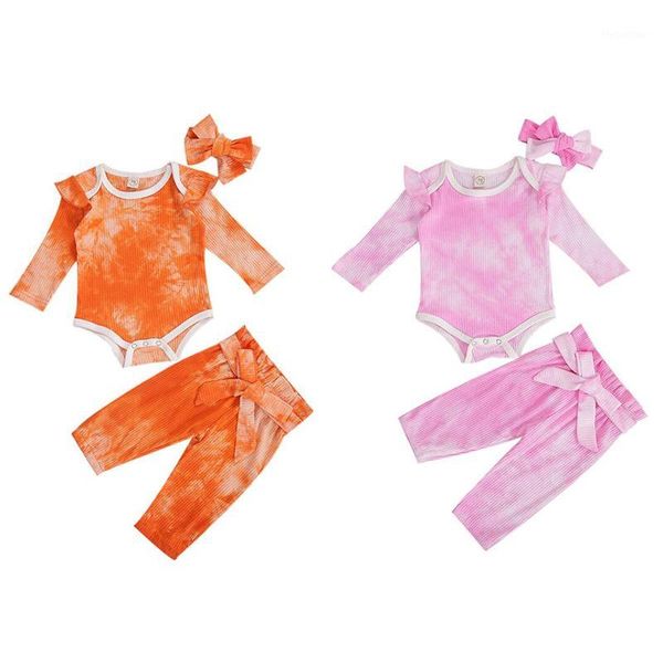 

clothing sets 0-24m born infant kids baby girl boy clothes spring autumn tie dye long sleeve bodysuit sash pants headband 3pcs set1, White