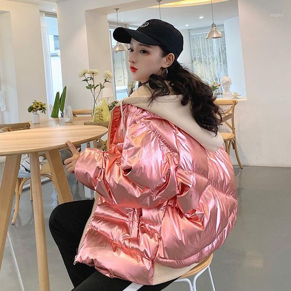 

winter coat women splicing hooded cotton coat bakery thick glossy cotton parka female 2019 winter silver coats korean chic1, Black