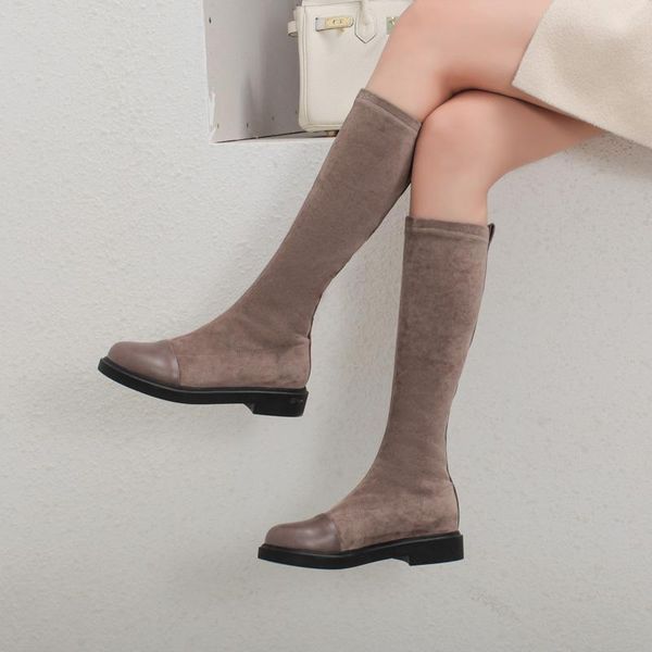 

boots women's comfortable flat-bottomed mid-tube autumn and winter thick-soled black khaki color stretch stitching slim-fit long