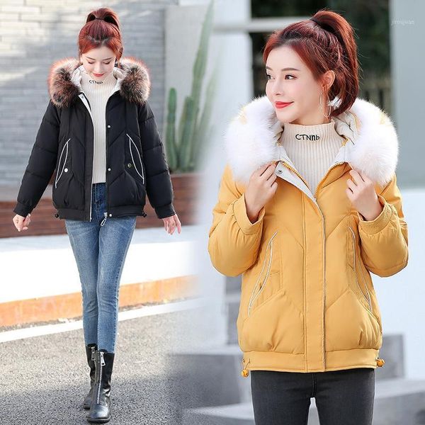 

winter jacket women 2020 new fashion slim female winter coat thicken parka down cotton clothing fake fur collar outwear1, Black