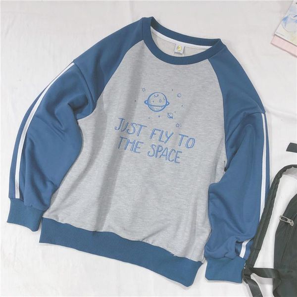 

spring women loose round neck hoodie sweatshirt young girl student raglan sleeves sweet planet print pullover college style1, Black