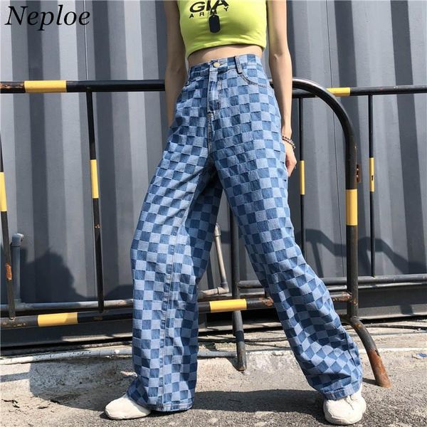 

european harajuku plaid demin pants 2020 new high waist jeans pants causal straight trousers korean woman man leisure pant 37944, Blue